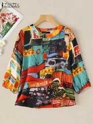 ZANZEA Women Autumn Blouse Vintage Holiday Shirt Female Loose Blusas Mujer Casual O Neck 3/4 Sleeve Tunic Tops Bohemian Chemise