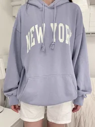 New York Purple Oversized Hoodie Woman Drawstring Hooded Pockets Long Sleeve Sweatshirt Female Casual Preppy Style Loose Hoodies