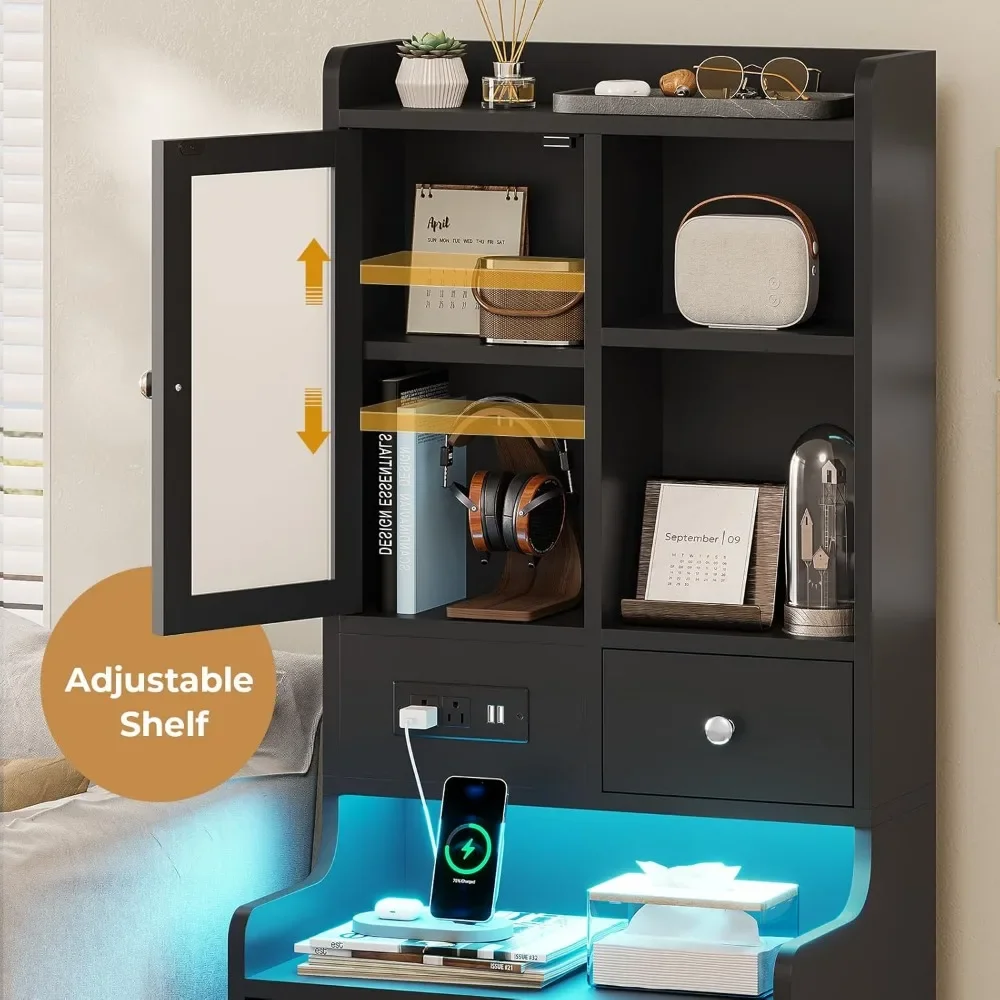Black Night Stand   with Charging Station,49.2" LED Nightstand for Bedroom,Tall Bedside Table with Bookshelf and Drawers image 5
