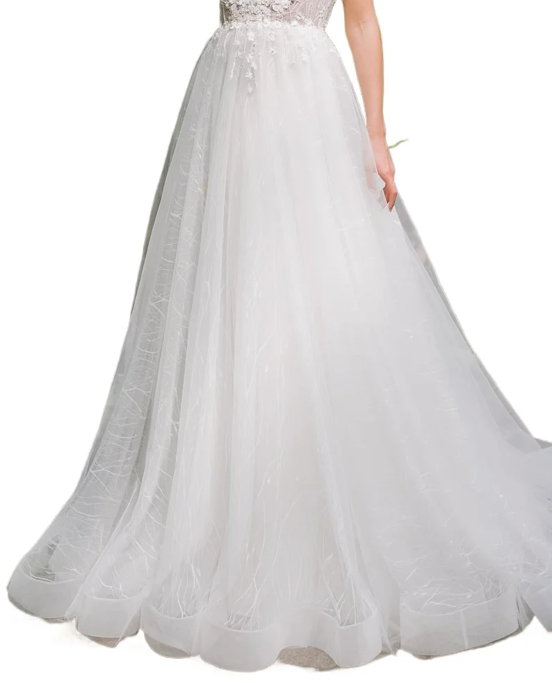 Custom made Embroidered Wedding Dress, Floral Lace Wedding Gown Backless A Line Tulle Bridal Gown with Train Custom Bridal Gowns