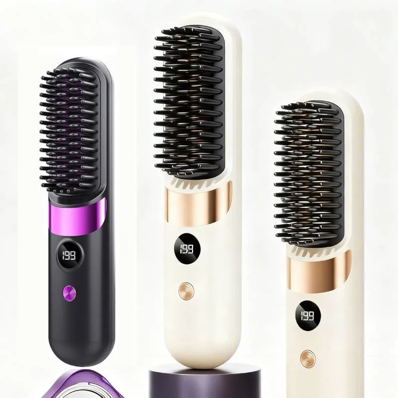 Portable Wireless Straightening Brush, 4 Temperature Settings Suitable for All Hair Types, USB Rechargeable Hair Styling Tool