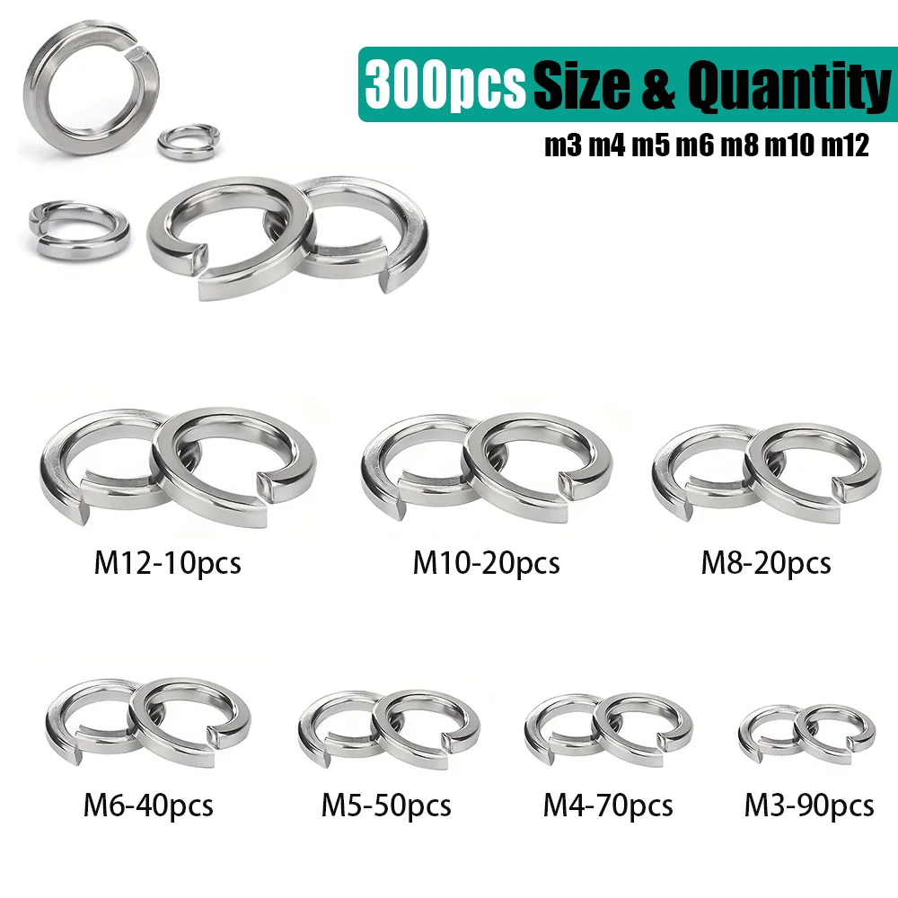 300-Piece Set of M3, M4, M5, M6, M8, M10, and M12 Stainless Steel Spring Washers to Enhance Bolt and Screw Tightening Force