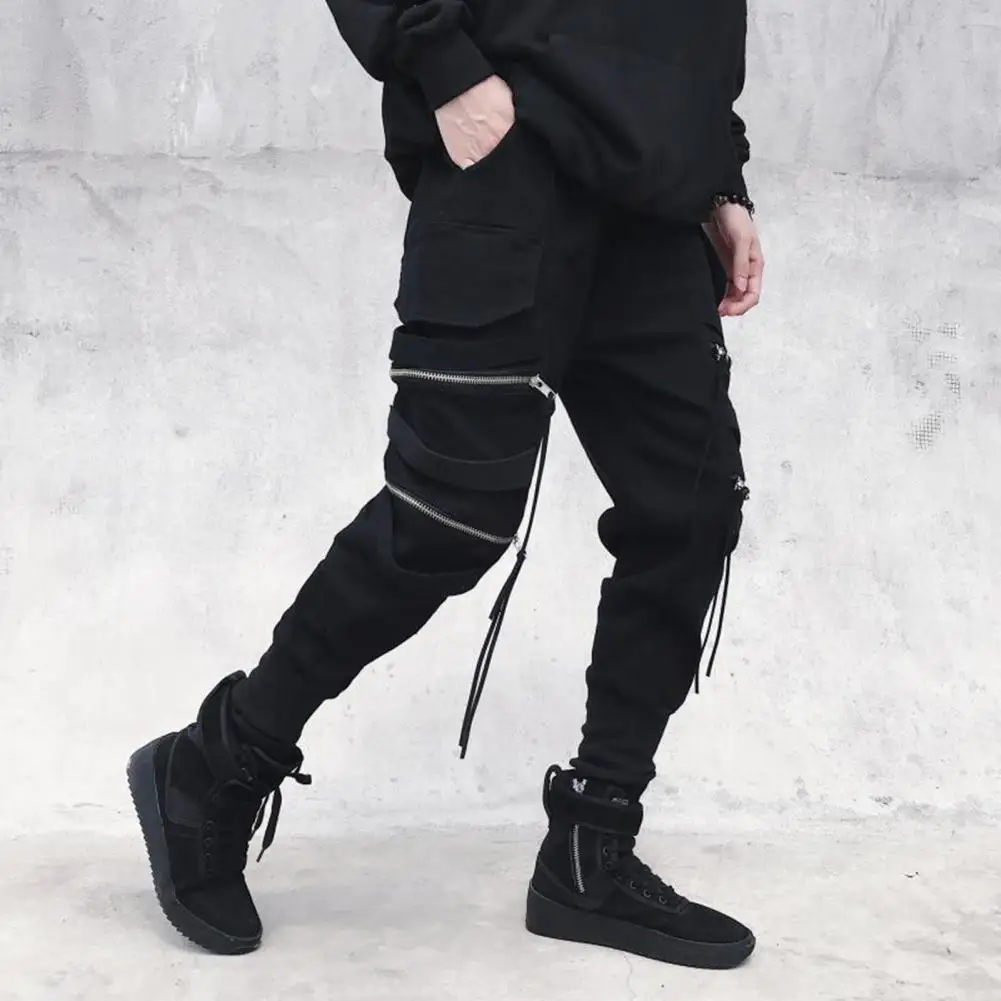 Men Cargo Pants Strap Zipper Decor Men Pants Ankle-banded Mid-rise Hip Hop Casual Trousers Streetwear Travel Sport Trousers