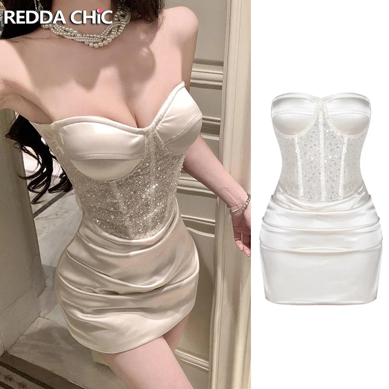 

Коктейльное платье ReddaChic из атласа с вышивкой, облегающее, с корсетом, пайетками и блестками, мини-платье для вечеринок, женская одежда