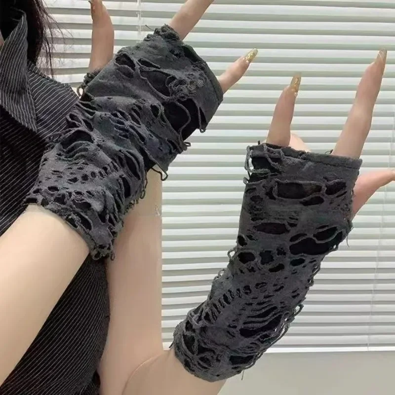 Hip Pop Ripped Gloves Women Men Gothic Fingerless Punk Half-finger Beggar Cosplay Halloween Festival Mitten Costume Accessories