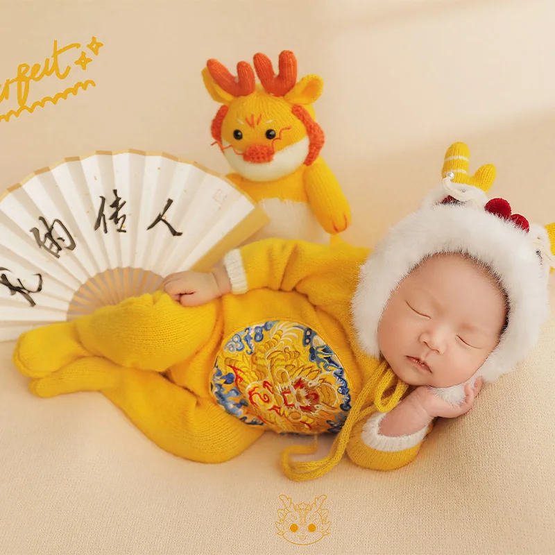 Baby Photography Props Costume Accessories Yellow Chinese Dragon Theme Jumpsuit Hat Dragon Doll Props Studio Photoshoot Outfits