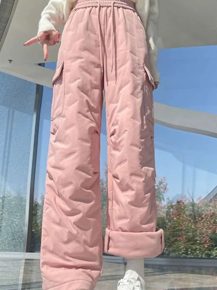 

Women's Casual Workwear down Fce Lined Wide Leg Thiened Winter Pants High Waist Straight Cut Warm Cotton Trousers