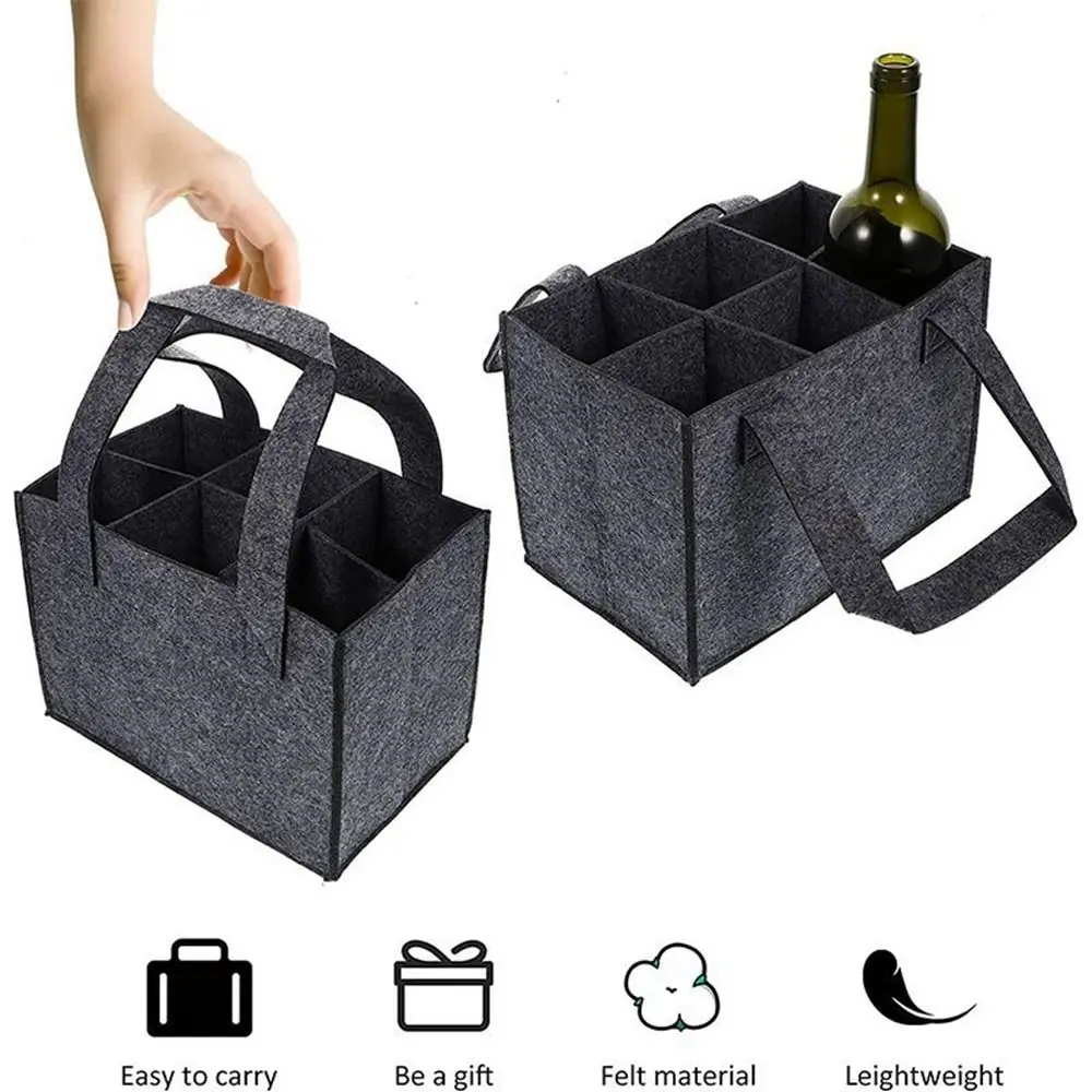 Grey Felt Wine Bottle Holder Bag 6 Bottles Foldable Wine Bottle Cube Box Washable with Carry Handle Wine Storage Bag Party