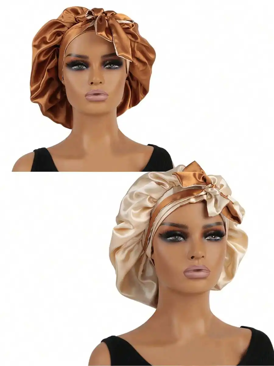 

Satin Sleep Bonnet With Buttoned Eye Mask For Curly Long Hair Soft Comfortable Adjustable Hair Cap