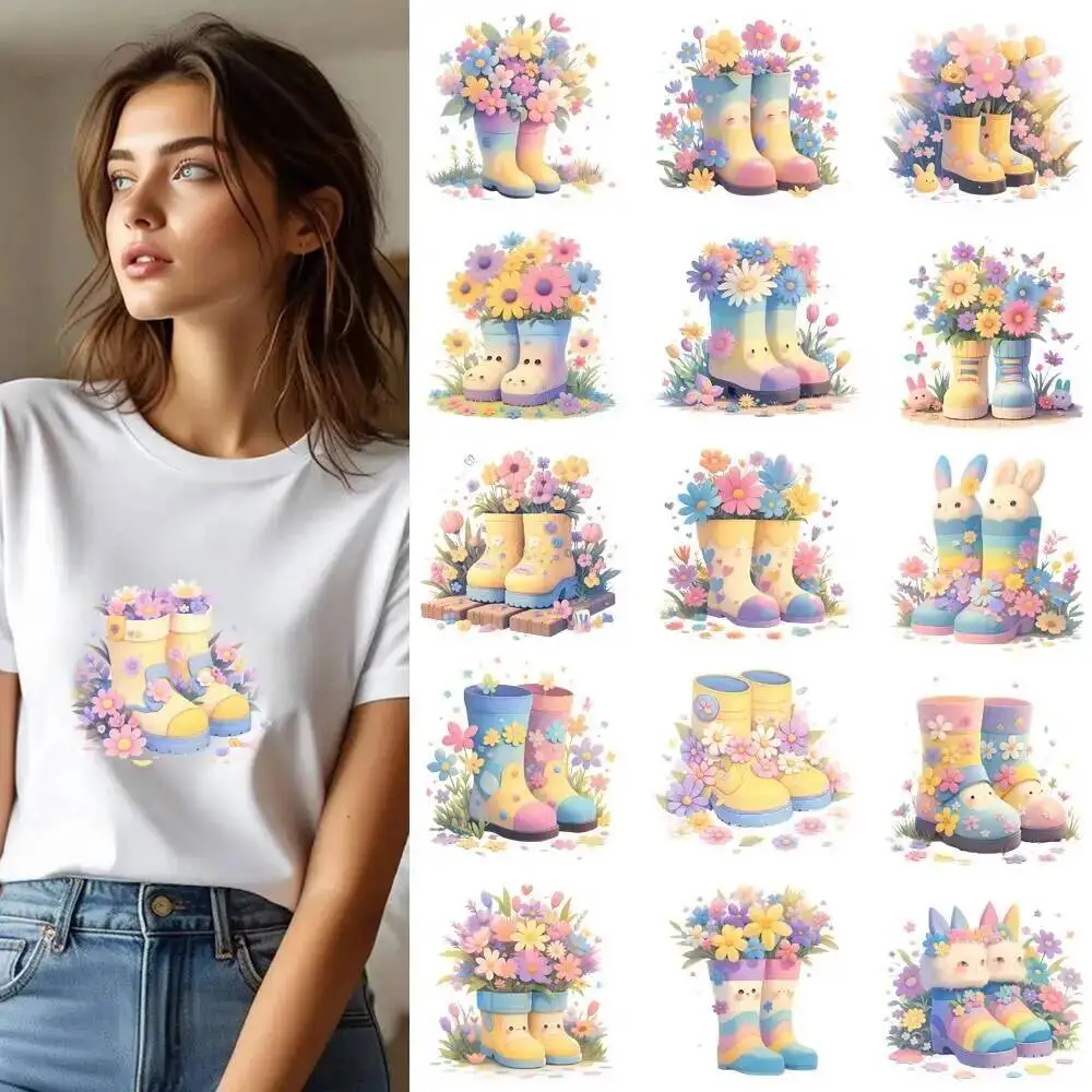 25CM Cute Watercolor Flower Rabbit Boots Transfer Patches For Clothes DIY A-Level Washable Shirt Iron-on Thermal Stickers