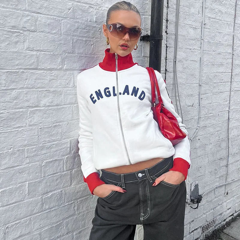 Streetwear Vrouwen Sexy Cropped Y 2K Engeland Hookraag Hoodies Vintage Korte Sweatshirt Lente Dames Lange Mouw Rits Tops Nieuw