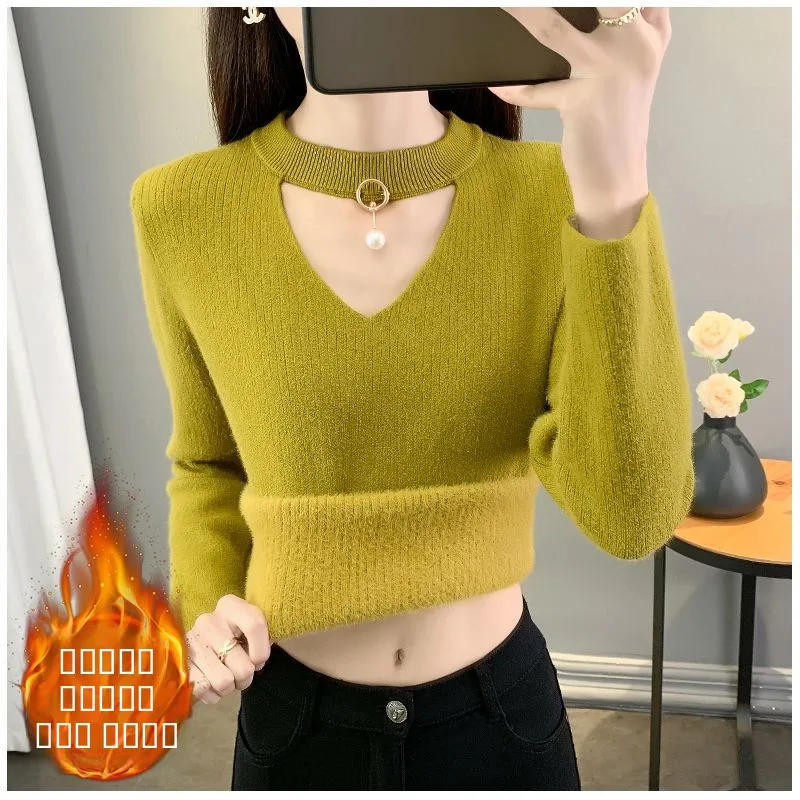 

Thiened Knitted Ne Hanging V-ne-piece Fce Women's Sweater Autumn Winter New Sle Korean Version Base irt Tren...