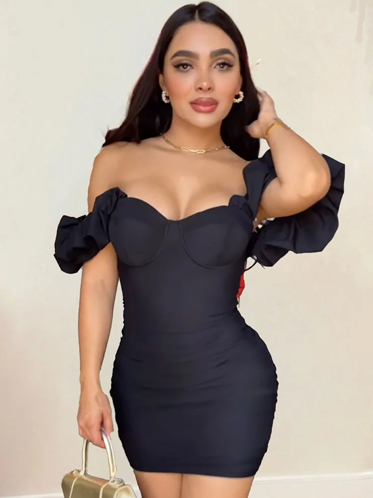 

Puff Sleeve Birthday Short Prom Bodycon Ruched Corset Dress Off The Shoulder Night Club Wedding Evening Gowns Sexy Party Dresses