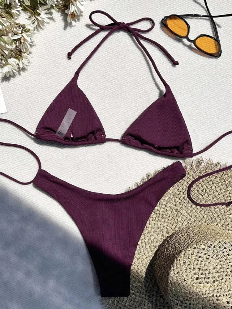 

UETEEY 2025 New Summer Swimwear Bikinis Set Women Sexy Laced Up Solid Beach Vacation Bikini 2 Piece Set Split Swimsuit Bikinis