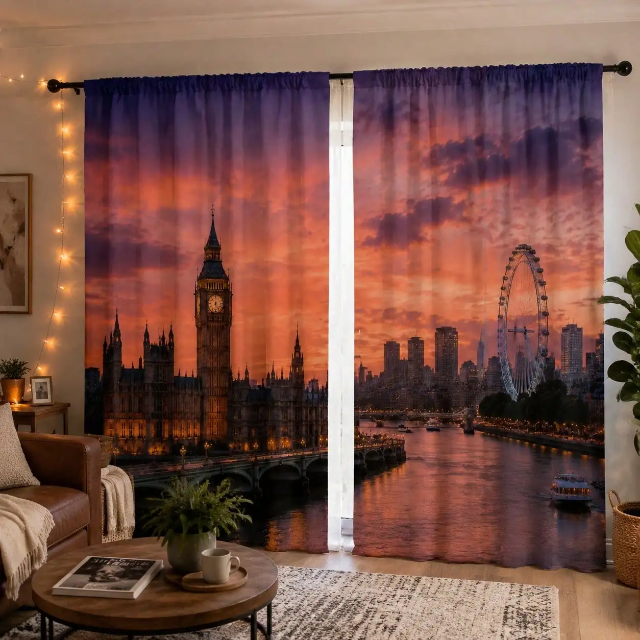 London Cityscape Curtains, Sunset Thames River Print Blackout Drapes, UK Landmark Decor for Living Room Bedroom Window Treatment