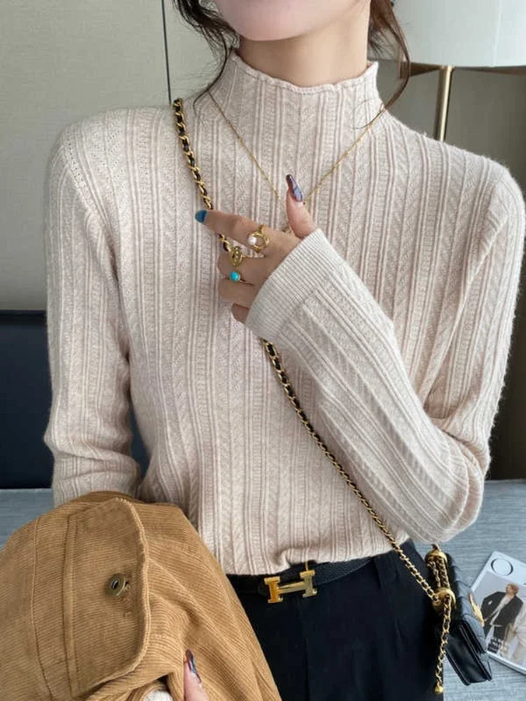 Elegant High End Knit Base Top Apricot Turtleneck Women Pullover 2026 Autumn Winter New Inner Wear Mock Neck Sweater