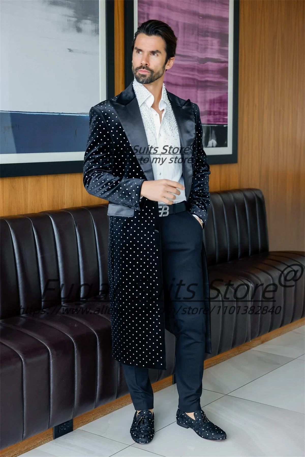 Customized Velvet White-dot Pattern Long Male Prom Blazers Slim Fit Peak Lapel Groom Wedding Tuxedos2Pcs Sets Formal Ropa Hombre