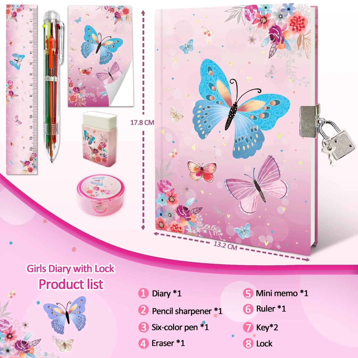 Girls Diary with Lock,  Journal Stationary Set  Pre School Teen Learning Writing Drawing Age 6,8,10,12 Years