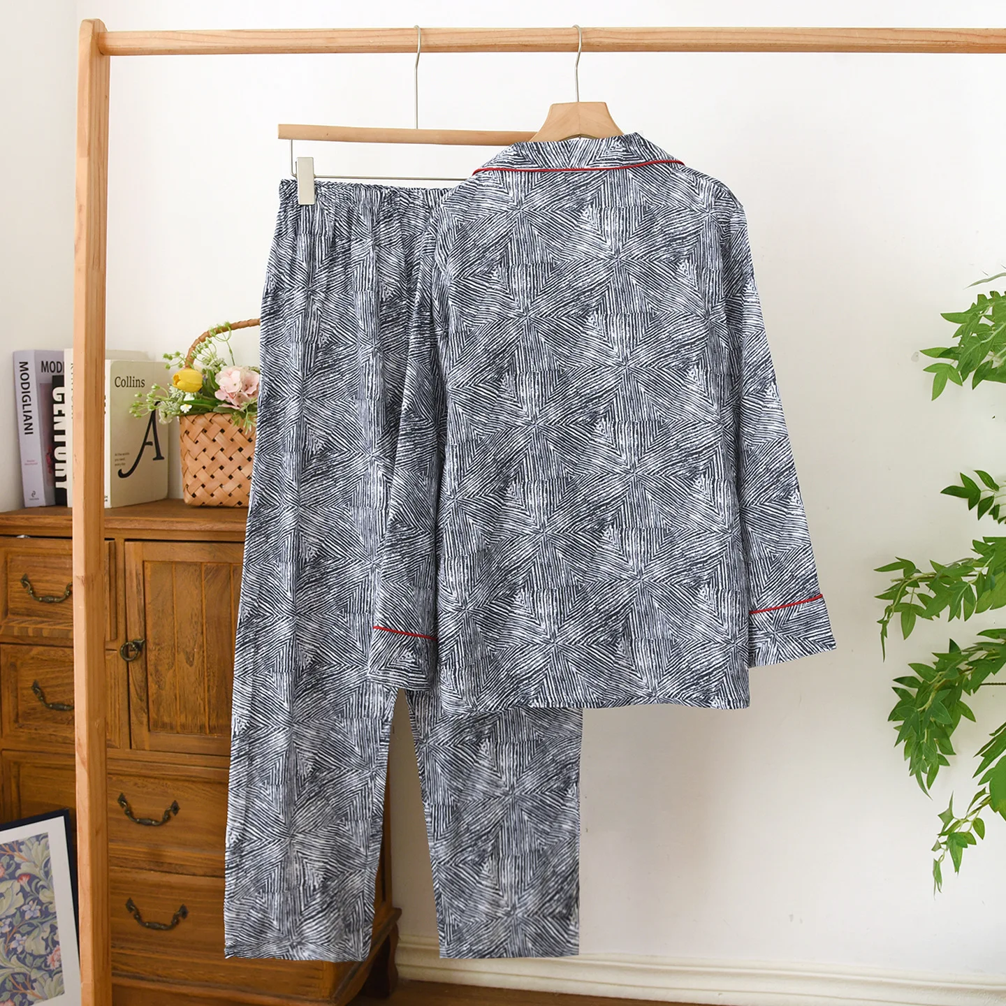 Couple Pure Cotton Double Gauze Pajama Set Unisex Soft Breathable All Season Home Wear Modern Abstract Print Sleepwear