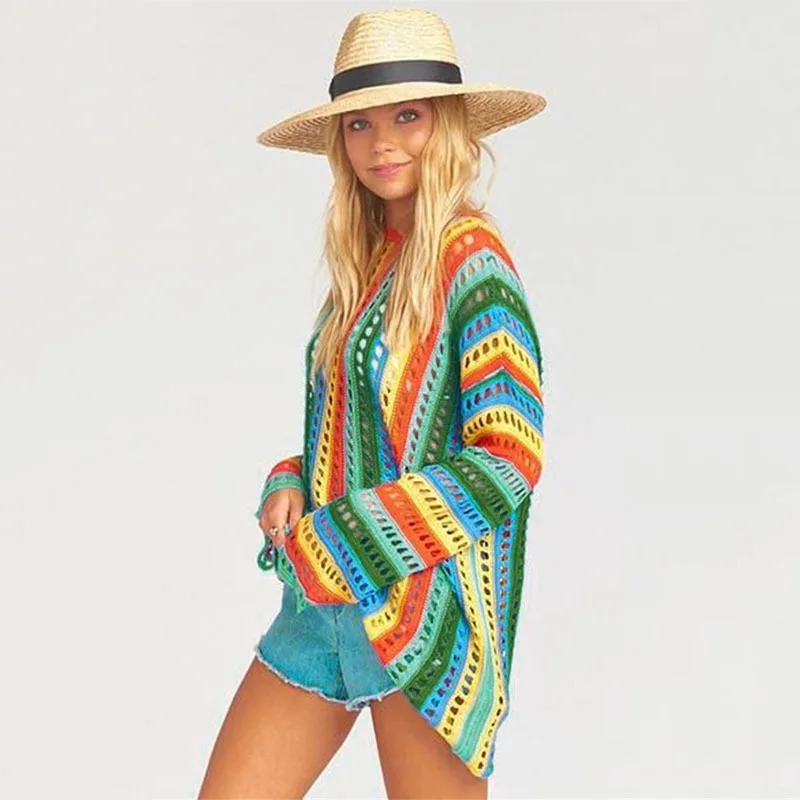 بوهو مخطط الكروشيه تونك مثير الجوف خارج بيكيني Cover متعدد الألوان فستان شبكي المرأة ملابس الشاطئ لباس سباحة التستر