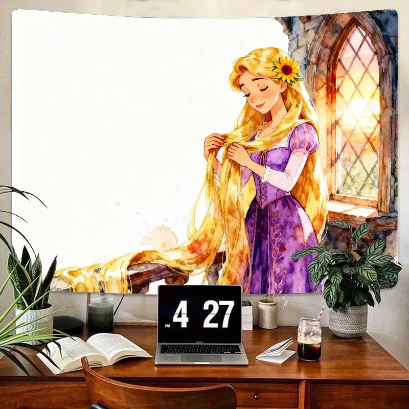 

1 шт. гобелен принцессы Рапунцель, длинные золотые волосы, акварель, сказка, настенное искусство, современный полиэстер, декор для спальни, гостиной, девочка