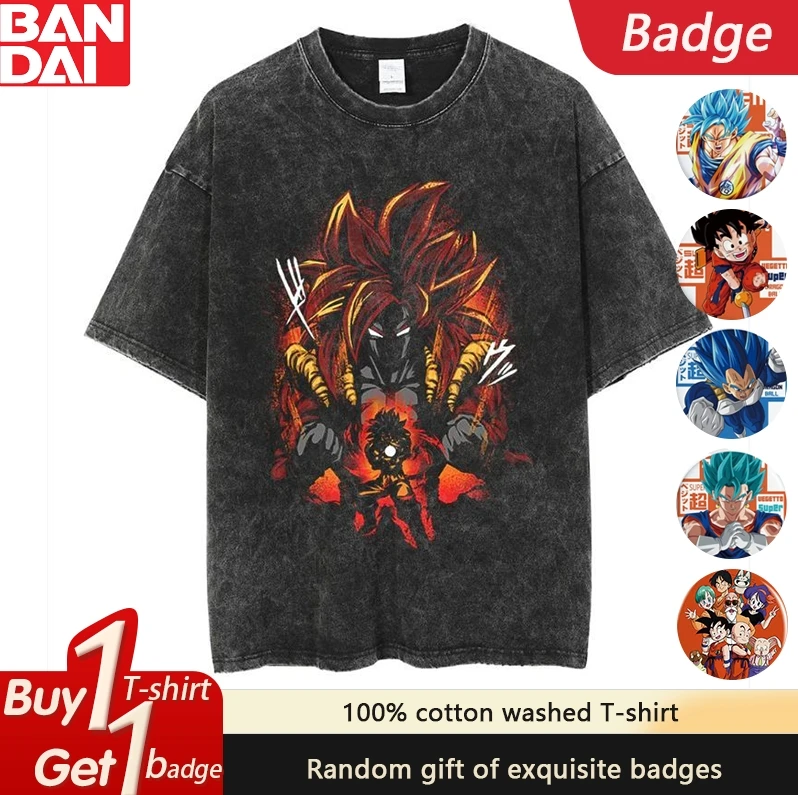 

Summer Dragon Ball Anime Super Saiyan 4 Gogeta Washed T-shirt for Men and Women in Plus Size Loose Harajuku Short Sleeved Top