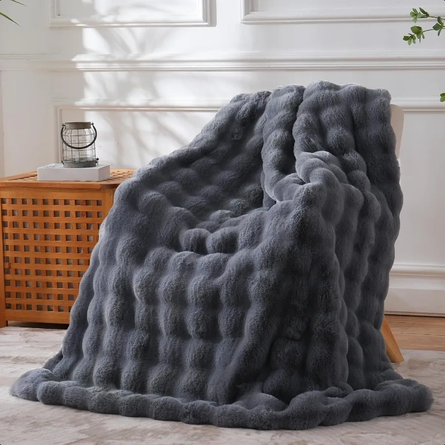 

Faux Fur Throw Blanket for Couch Thickened Fluffy Soft Bubble Blanket for Living Room Home Decor Fathers Day Birthday Gifts for