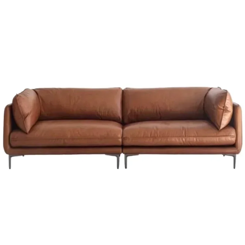 

Italian minimalist leather sofa, small apartment, straight row of three people, oil wax leather first layer cowhide sofa