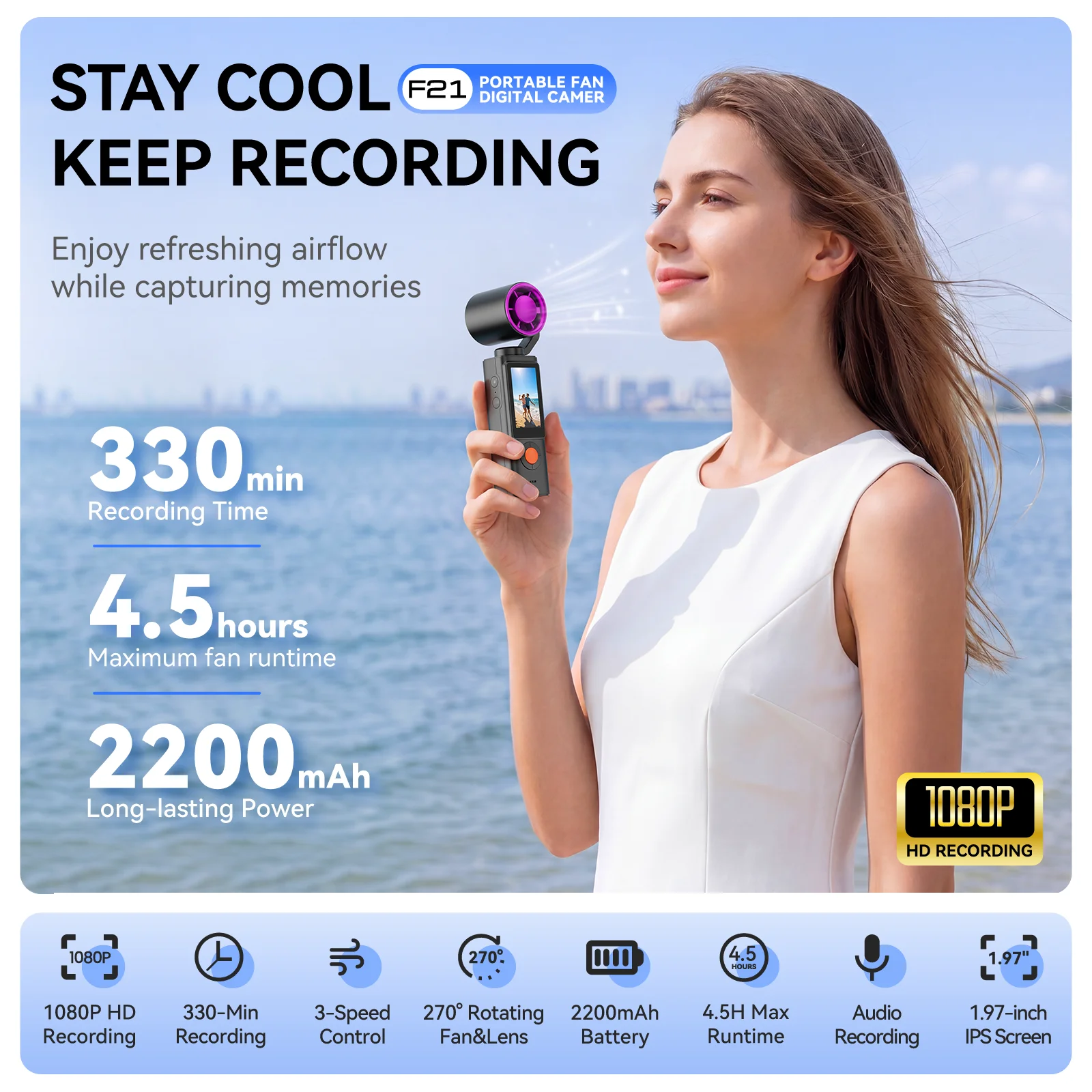 New Fan Action Camera 1080P Handheld 270° Rotatable Pocket Cam 2000mAh 1.97‘’ Screen Compact Camera Vlog Outdoor