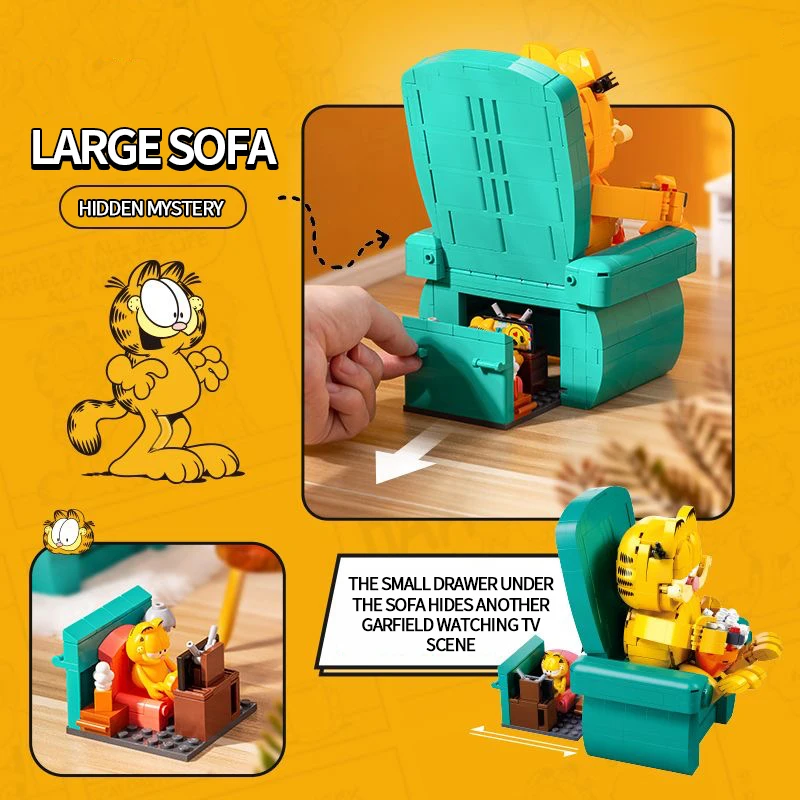 Garfield Building Blocks Sitting Garfield Sofa Bricks Set With Mini Figures Classic Anime Scene Model Kids Educational DIY Toys