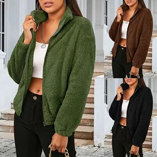 プル・ヒバー・ファム レディース スタンドカラー プラッシュジャケット 秋冬 多用途 無地 暖かいポケット付き 長袖 新作 ファー付きジャケット