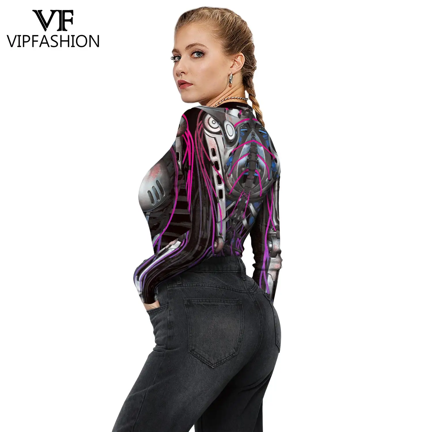 VIP FASHION Halloween Women Cosplay Robot Punk Printed Zentai One Piece Bodysuits Carnival Punk Performance Costume
