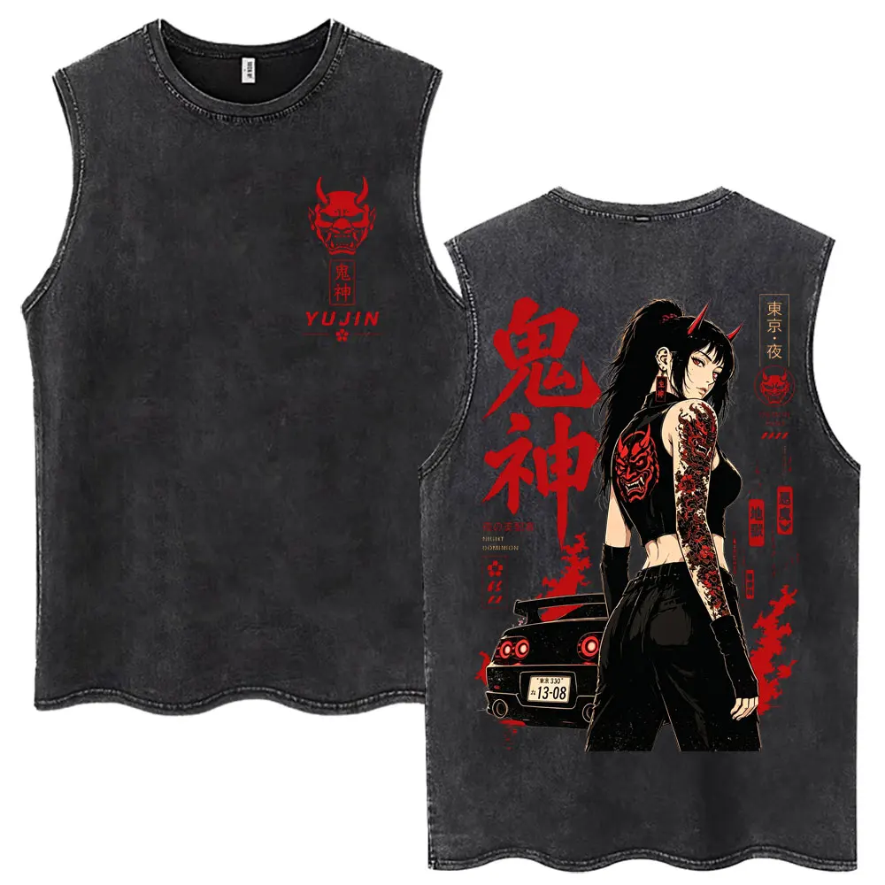Anime Initial D Drift Demon God JDM Racing Car Washed Vintage Tank Tops Men Women Gothic Vests Loose Cotton Sleeveless T Shirts