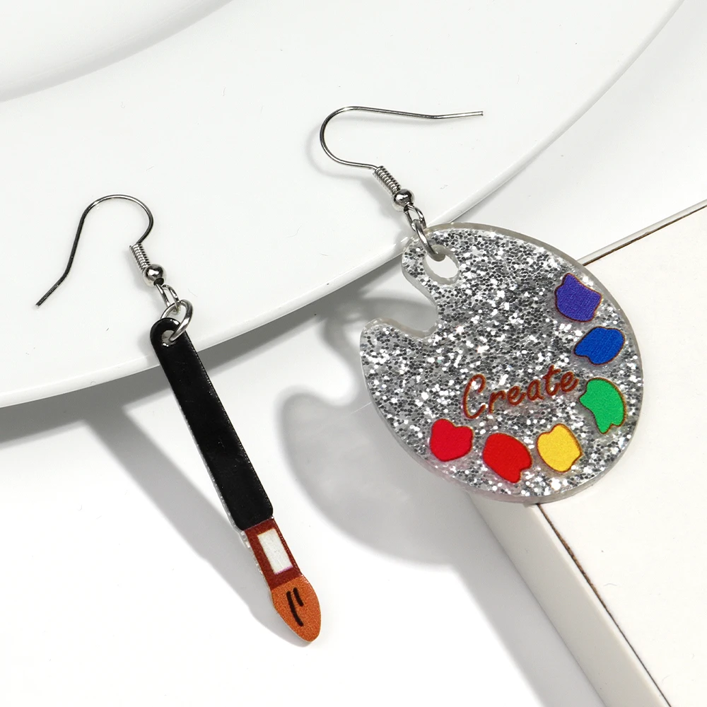 Creative Glitter Painting Brush Palette Acrylic Drop Earrings for Women Funny Artist Palette Earrings Asymmetrical Jewelry Gifts