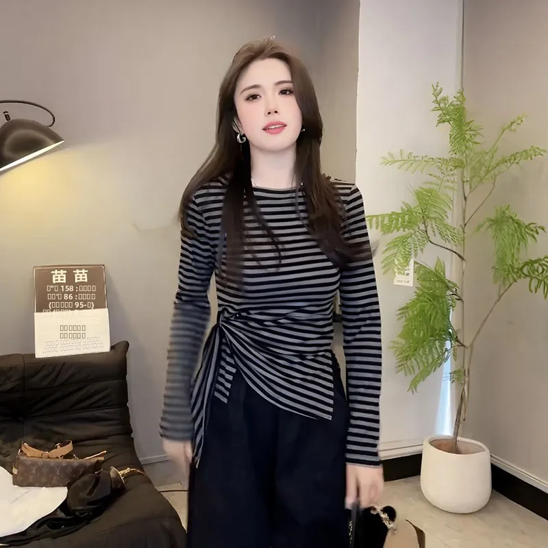 Slankmakende lange mouw T-shirt dames vroege herfst nieuw plus size riem tailleband gestreept top sexy katoen comfortabele pasvorm...