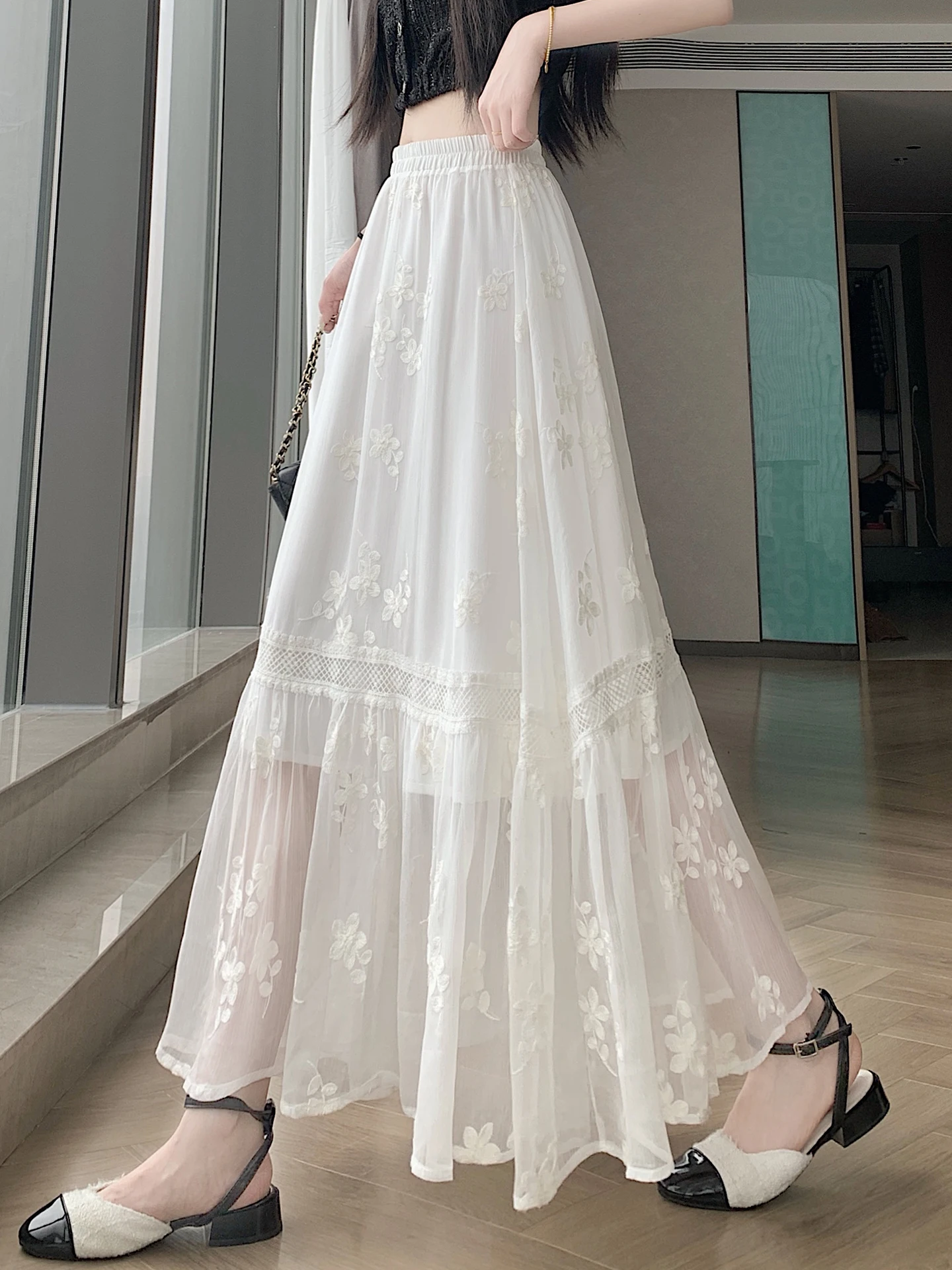 

Элегантная вышитая тюлевая полуюбка для женщин, новинка лета 2026, красивая белая юбка-платье в стиле феи, длинная юбка с высокой талией А-силуэта