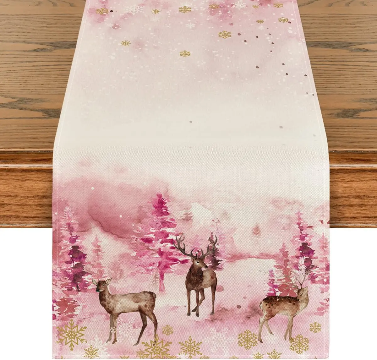 Watercolor Deer Trees Snowflakes Christmas Table Runner Winter Xmas Holiday Kitchen Dining Table Decoration Home Party Decor