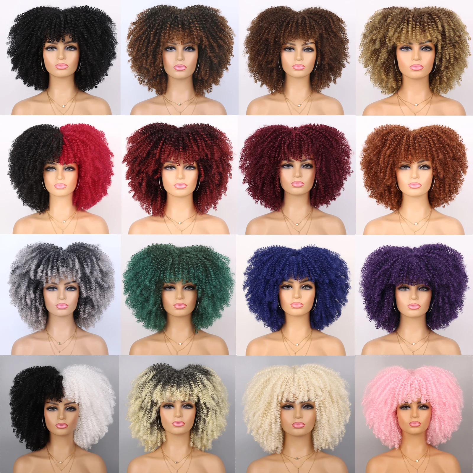 

Sissi's Afro Kinky Curly Wigs With Bangs African Natural Synthetic Ombre Glueless Blonde Red Grey Cosplay Wigs