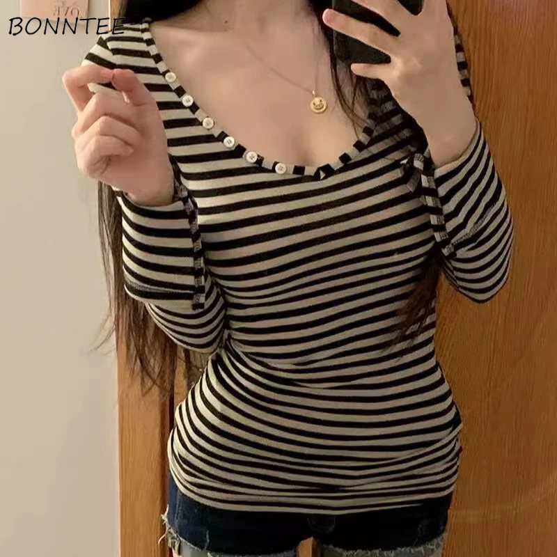 Striped Casual T-shirts Women Slim All-match Long Flare Sleeve Sexy Skin-friendly Tender Корейская Мода V-neck Sexy Attractive