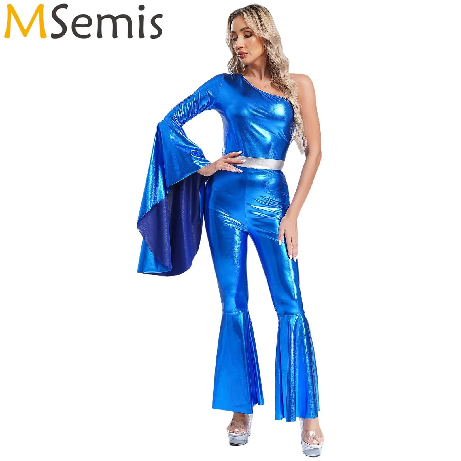 

Womens Hippie Jumpsuit Shiny Metallic Dancewear 70s Disco Hippie Ballet Jazz Dance Outfit Shiny Metallic Flared Bell-bottom