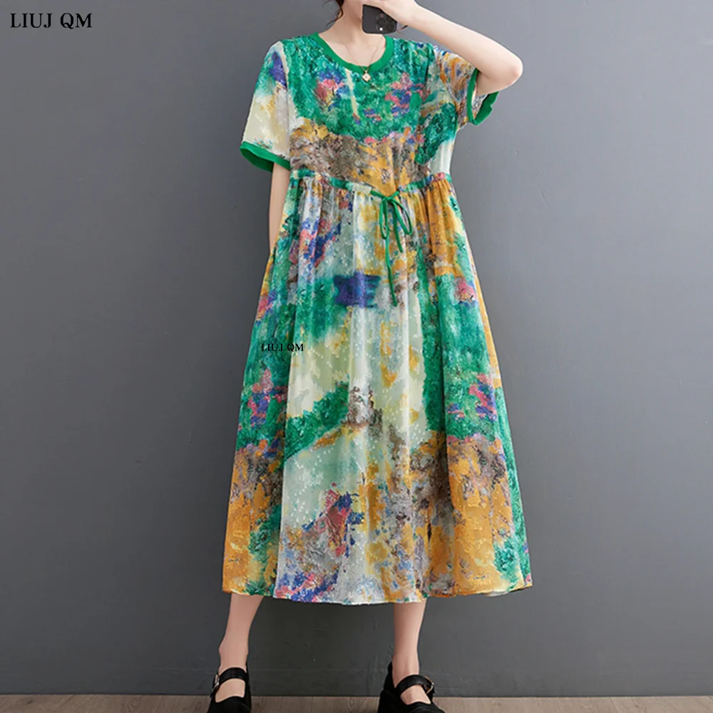 2023 plus size verão vestidos de impressão para as mulheres manga curta solta casual vintage vestido moda elegante roupas de verão