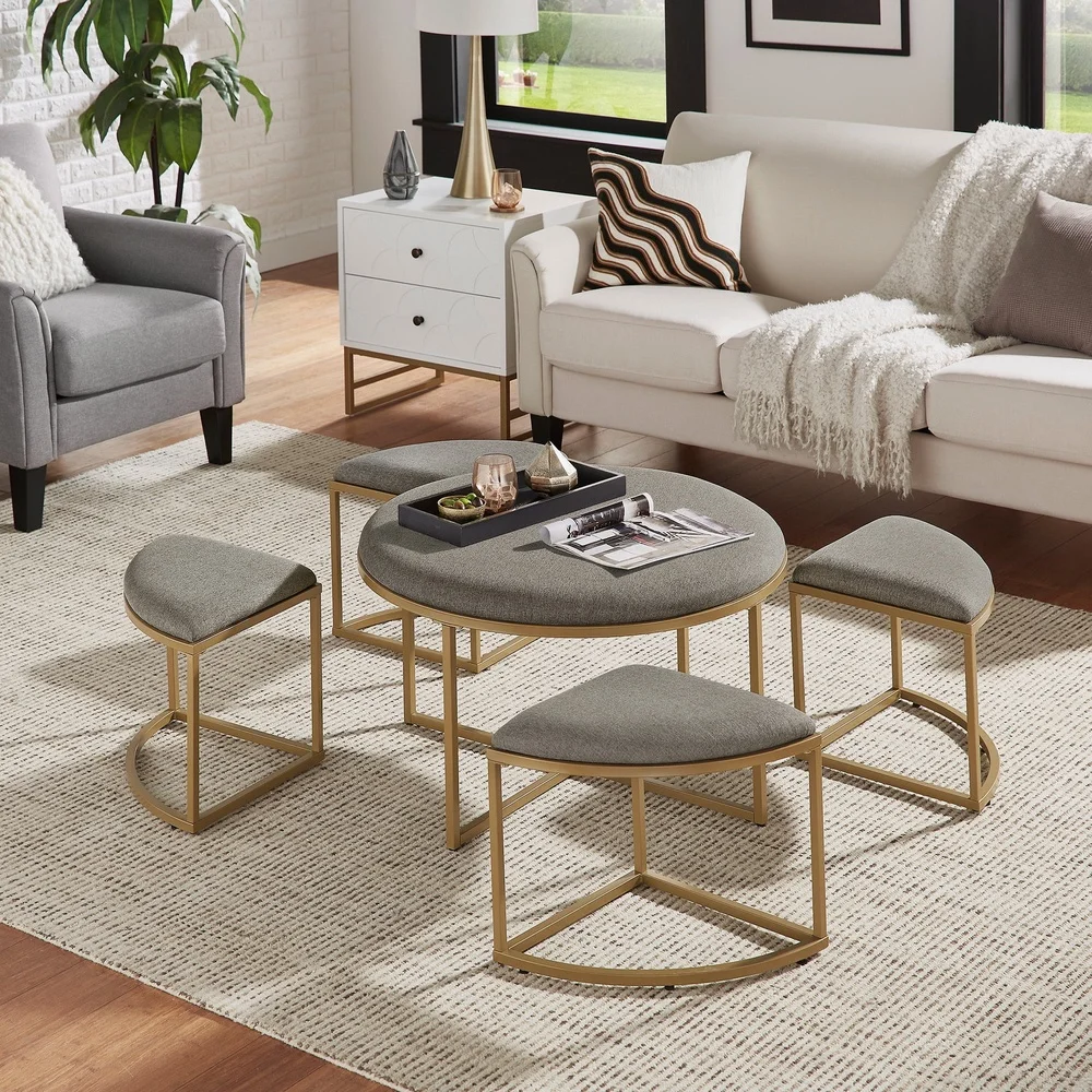 Modern Round Coffee Table with 4 Nesting Stools Multi-Functional Space Saving Upholstered Fabric Foam Padding Indoor Use Glam