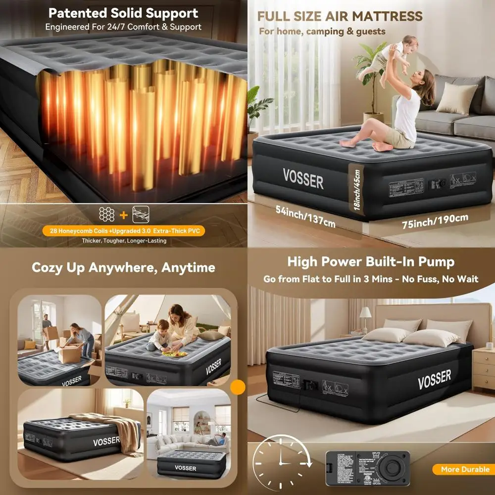 

Самонадувной полноразмерный надувной матрас со встроенным насосом, 18 приподнятых, портативный для дома и путешествий, поддерживает до 660 фунтов, черный