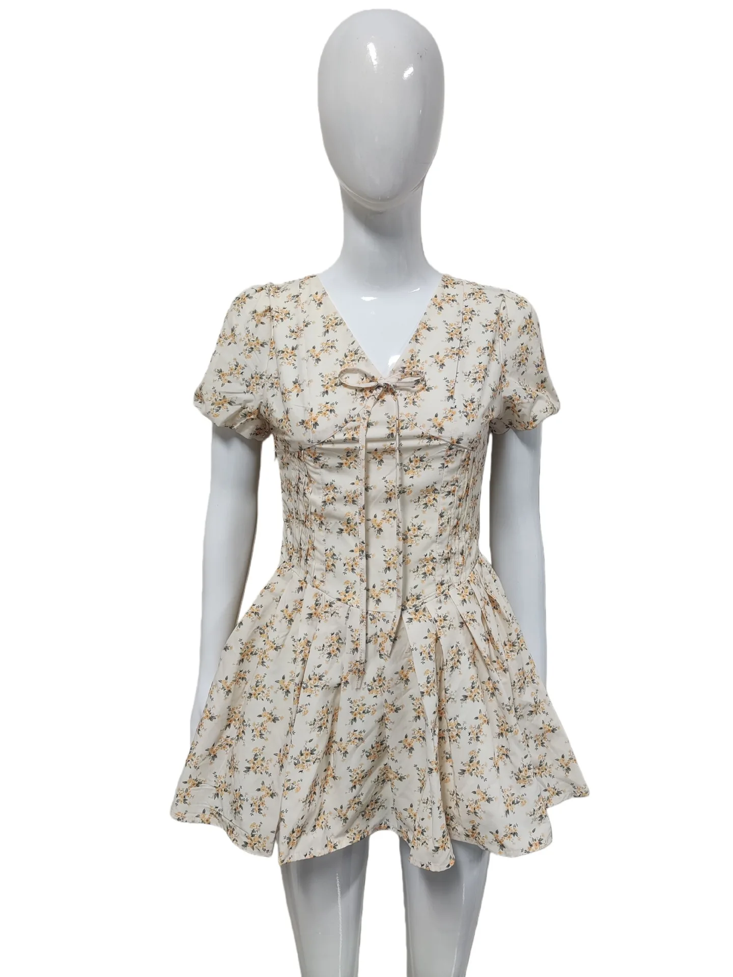 Women Dresses 2026 Summer new Fashion first love floral puffed sleeve V-neck slim retro puffy dress clothing vestidoes