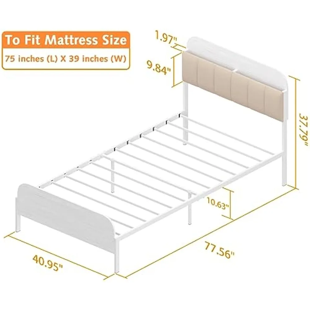 Timy Kids Twin Bed Frame with Bookcase Headboard, Metal Platform Bed Frame with Upholstered Headboard for Boys Girls Teens