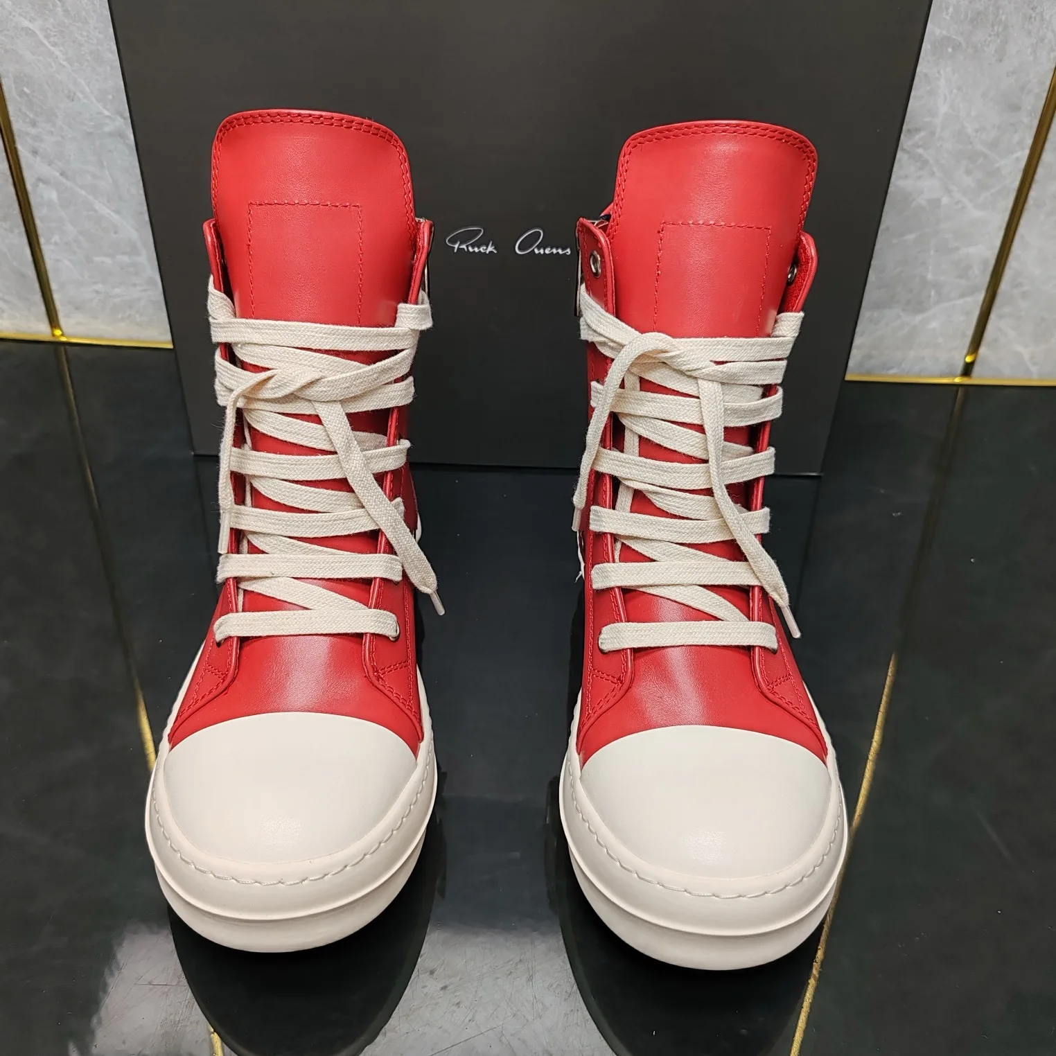 Round Owens Classic Red Ribbon High-top Shoes Top Leather Boots Harajuku Wind High Street Couple Shoes