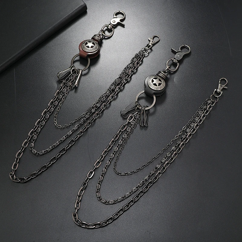 Metal Leather Layered Chain Round Pentagram Keychains Men Waist Key Chain Trouser Jeans Punk Gothic Hip-hop Pants Belt Jewelry image 3
