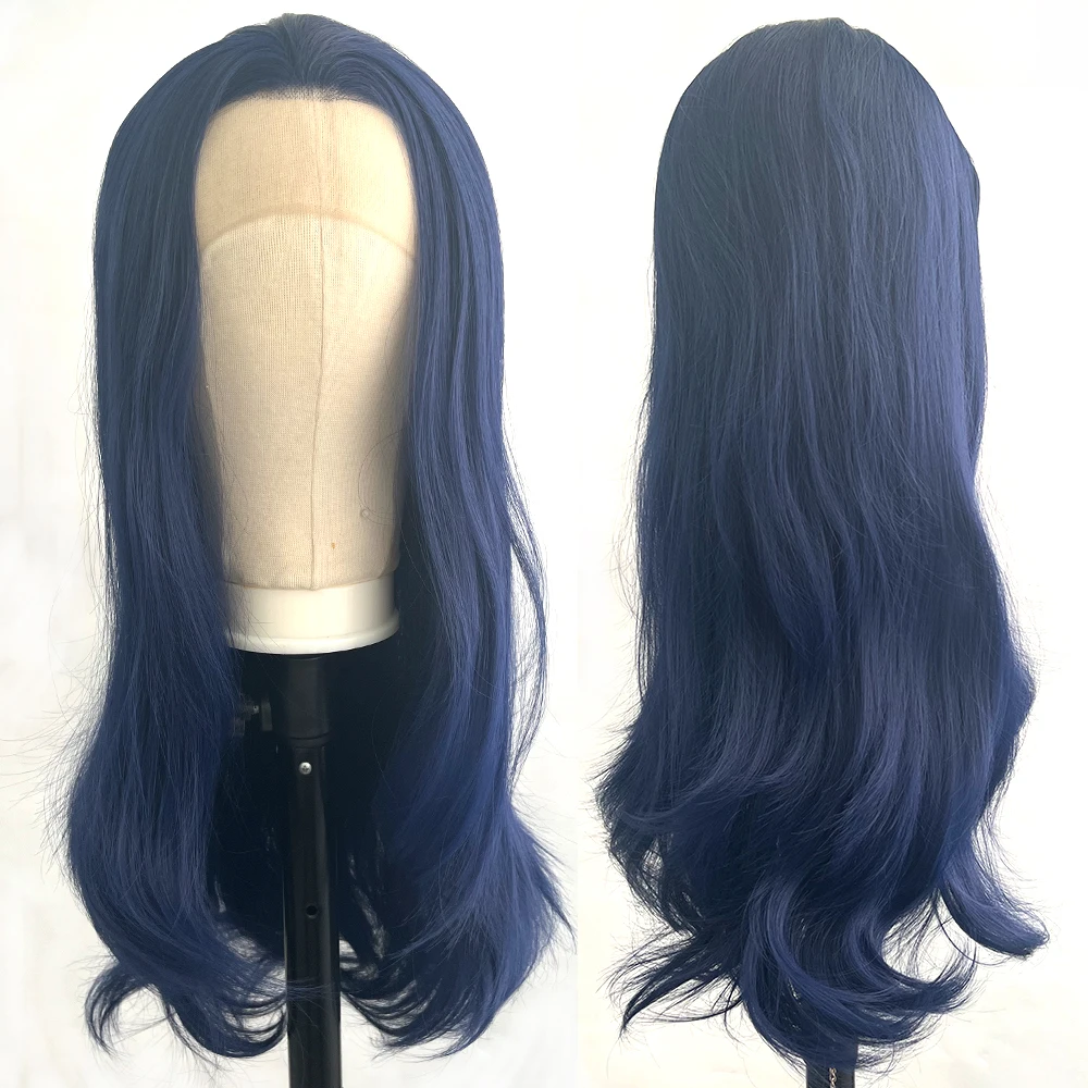 Peruka syntetyczna typu lace front Vogue Queen, ciemnoniebieska, naturalne fale, włókno odporne na ciepło, przedziałek na środku, do codziennego noszenia dla kobiet.
