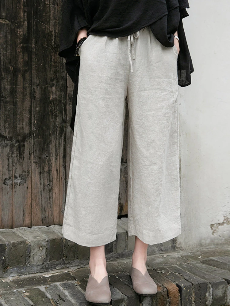 

Women Cotton Linen Wide Leg Pants New Arrival 2025 Summer Vintage Style Plain Color Loose Female Ankle-length Casual Pants T583
