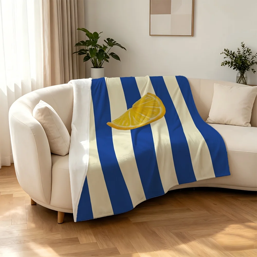 Striped Lemon Slice Throw Blanket Tapestry Home Decor Blue and White Cozy Sofa Bedspread Large 150x200cm Gift for Couch
